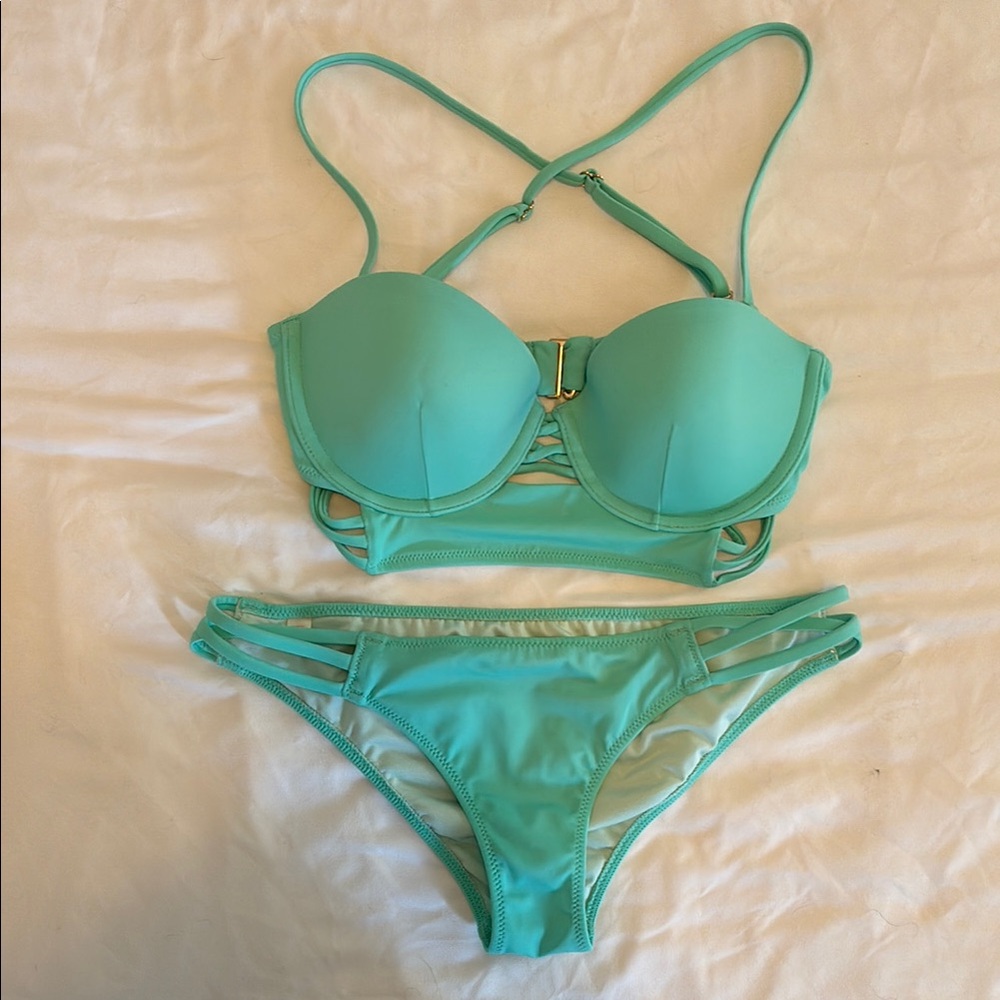 Victoria's Secret Aqua Blue Bikini Set with Removable Straps 32C, S/P
